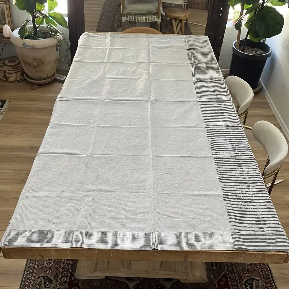 4 CB2 Block Printed Stripe Panel Gray Linen Blend Curtains 48